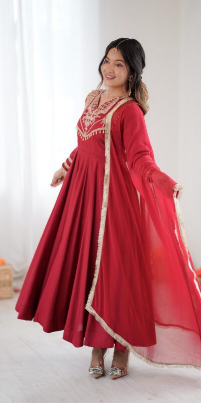 ZSR 3149 Red Roman silk Gown Perfect for Wedding, Party, Sangeet, Haldi, Lohri – . Introductory Price ₹2099. Delivery 4-6 Working Days. Shop now. | Gowns, Bollywood Gowns, Creative Gowns, Designer Gowns, Embroidered Gowns, Party Wear Gowns