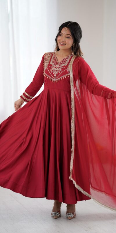 ZSR 3149 Red Roman silk Gown Perfect for Wedding, Party, Sangeet, Haldi, Lohri – . Introductory Price ₹2099. Delivery 4-6 Working Days. Shop now. | Gowns, Bollywood Gowns, Creative Gowns, Designer Gowns, Embroidered Gowns, Party Wear Gowns