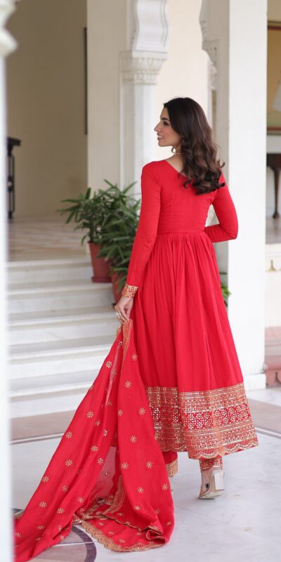 KA 1209 Red Vichitra Silk Gown with Embroidery Work & Sequins Work. Get it for ₹2499. Delivery 4-6 Working Days. Shop now. | Gowns, Bollywood Gowns, Creative Gowns, Designer Gowns, Embroidered Gowns, Party Wear Gowns