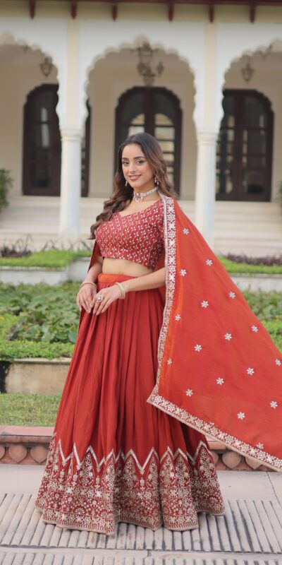 KA 5055 Rust Vichitra Silk Lehenga Choli with Embroidery Work & Sequins Work. Introductory Price ₹3049. Delivery 4-6 Working Days. Shop now. | Lehenga, Bollywood Lehenga, Creative Lehenga, Designer Lehenga, Embroidered Lehenga, Party Wear Lehenga