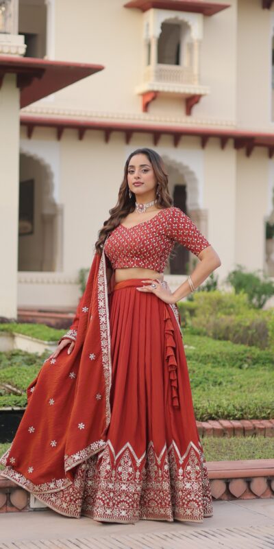 KA 5055 Rust Vichitra Silk Lehenga Choli with Embroidery Work & Sequins Work. Introductory Price ₹3049. Delivery 4-6 Working Days. Shop now. | Lehenga, Bollywood Lehenga, Creative Lehenga, Designer Lehenga, Embroidered Lehenga, Party Wear Lehenga
