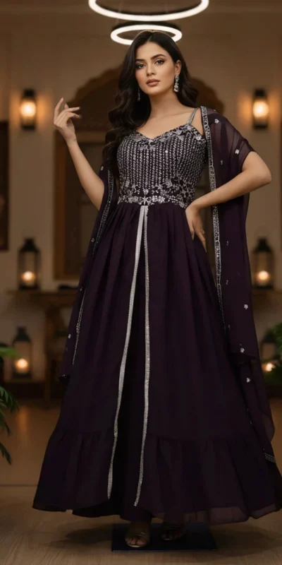 ST 1139 Wine in Faux Georgette Embroidery Work & Lace Work Lehenga Choli . Available at βΉ1949 only. Delivery 4-6 Working Days. Shop now. | Lehenga, Bollywood Lehenga, Creative Lehenga, Designer Lehenga, Embroidered Lehenga, Party Wear Lehenga