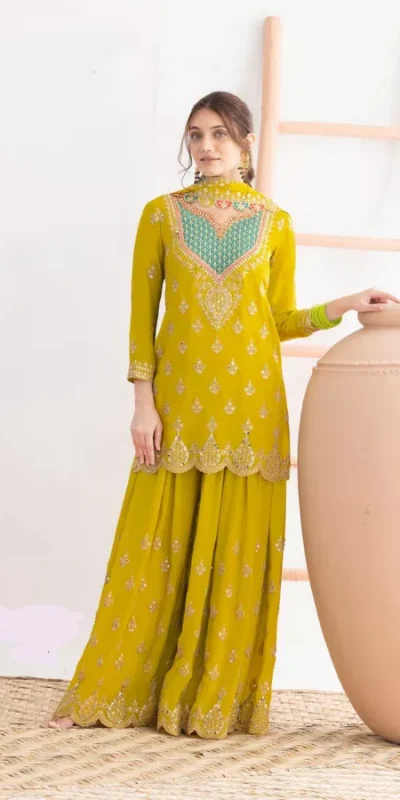 Lime Yellow Chinon Sequence Mirror Work Salwar Suit