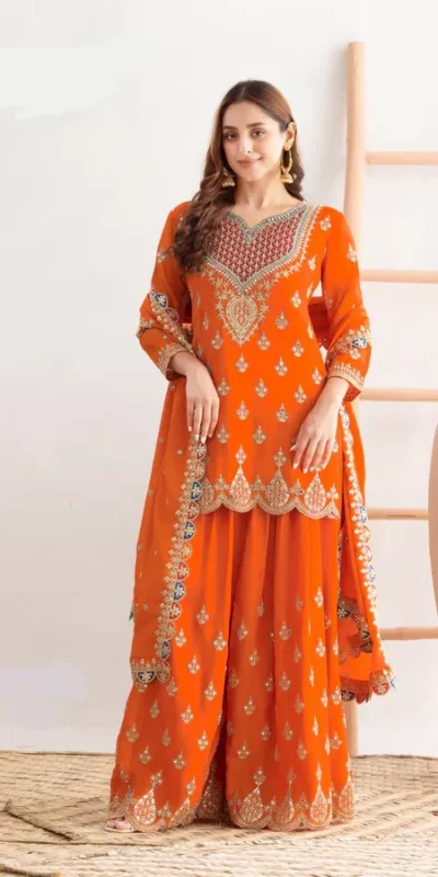Alternative view of Orange Chinon Sequence Mirror Work Salwar Suit