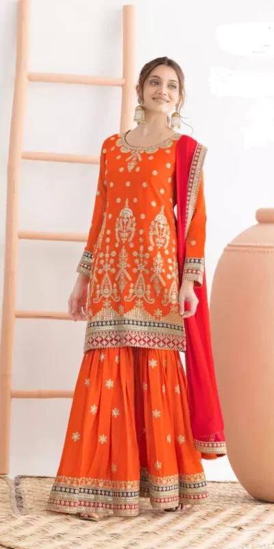 Orange Chinon Sequence Mirror Work Salwar Suit
