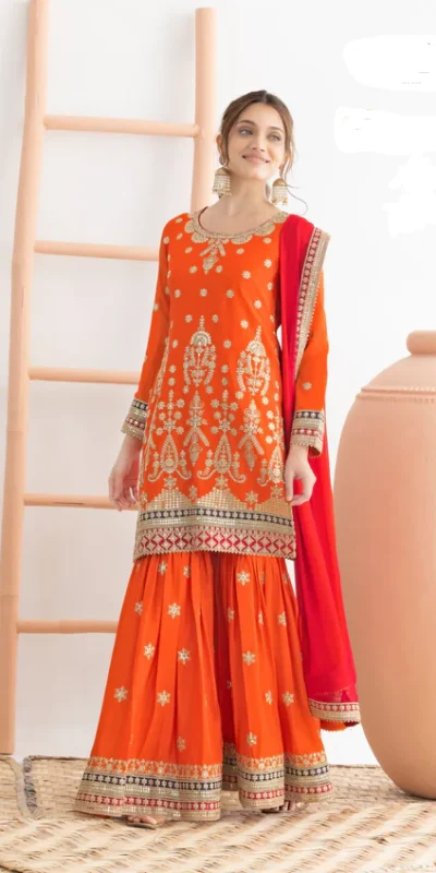 Orange Chinon Embroidery Mirror Work Salwar Suit