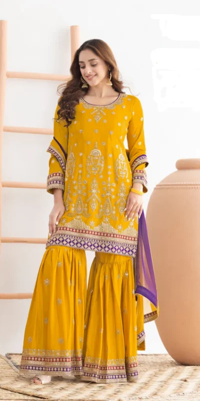 Alternative view of Yellow Chinon Embroidery Mirror Work Salwar Suit