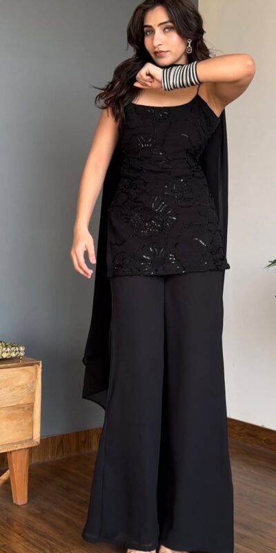 BD 1825 Black Faux Georgette Salwar Suit with Sequins Work & Embroidery Work. Affordable Price ₹1949. Delivery 4-6 Working Days. Shop now. | Jump Suits, Salwar suit, Casual Suits, Creative suits, Designer Suits, Palazzo Suits, Party Wear Suits, Patiala Suits, Straight Suits