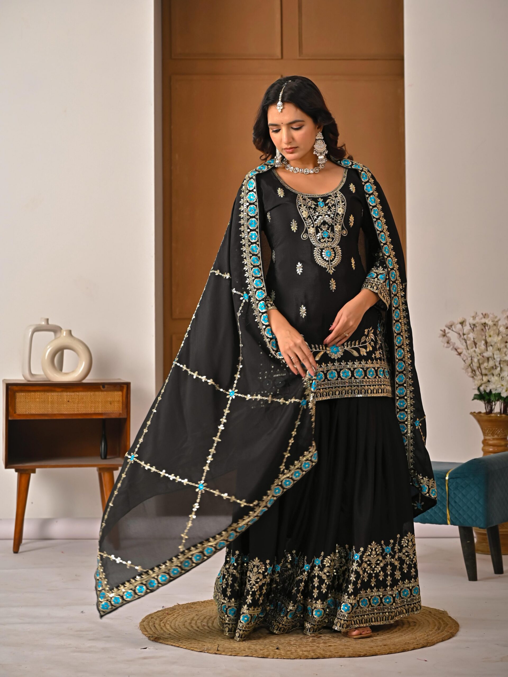 ND 5057 Black NC Vichitra Silk Salwar Suit with Embroidery Work. Special Price ₹2599. Delivery 4-6 Working Days. Shop now. | Jump Suits, Salwar suit, Casual Suits, Creative suits, Designer Suits, Palazzo Suits, Party Wear Suits, Patiala Suits, Straight Suits
