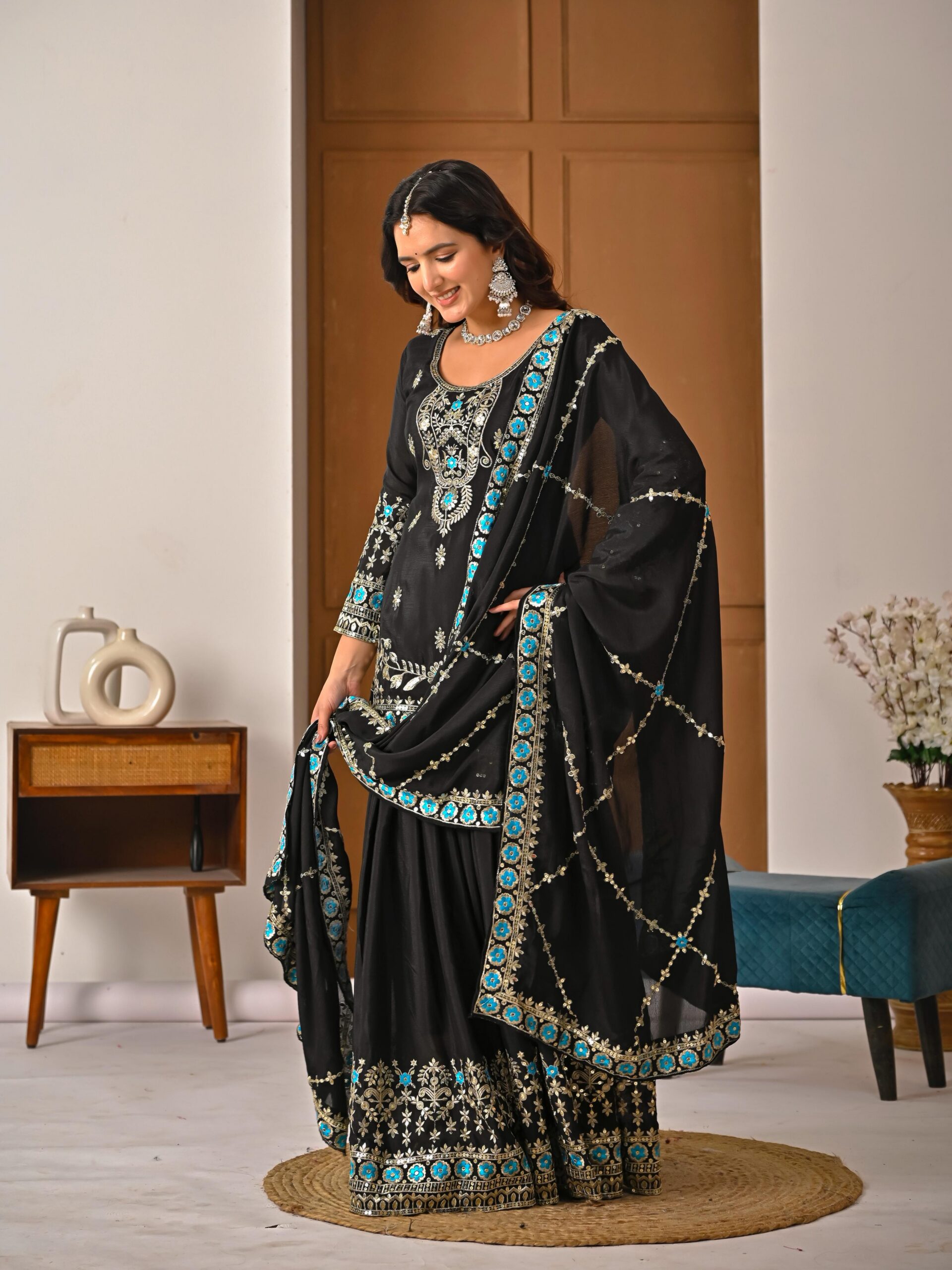 ND 5057 Black NC Vichitra Silk Salwar Suit with Embroidery Work. Special Price ₹2599. Delivery 4-6 Working Days. Shop now. | Jump Suits, Salwar suit, Casual Suits, Creative suits, Designer Suits, Palazzo Suits, Party Wear Suits, Patiala Suits, Straight Suits