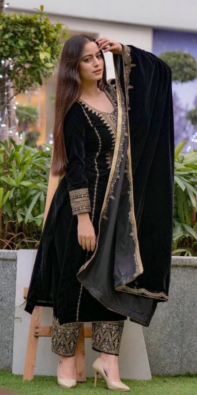 AD 089 Black Viscose Velvet Salwar Suit with Embroidery Work. Affordable Price ₹1999. Delivery 4-6 Working Days. Shop now. | Jump Suits, Salwar suit, Casual Suits, Creative suits, Designer Suits, Palazzo Suits, Party Wear Suits, Patiala Suits, Straight Suits