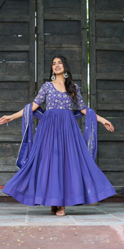 KA 1204 Blue Faux Blooming Gown with Sequins Work & Embroidery Work. Festive Deal ₹2449. Delivery 4-6 Working Days. Shop now. | Gowns, Bollywood Gowns, Creative Gowns, Designer Gowns, Embroidered Gowns, Party Wear Gowns