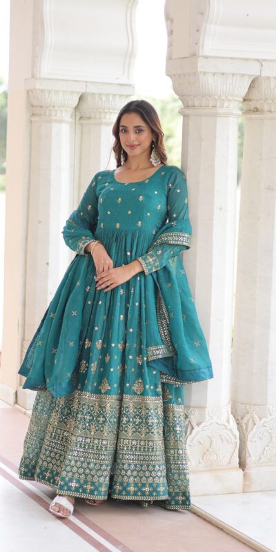 EKA 1216 Firozi in Silver Crunchy mbroidery Work & Sequins Work Gown . Available at ₹2649 only. Delivery 4-6 Working Days. Shop now. | Gowns, Bollywood Gowns, Creative Gowns, Designer Gowns, Embroidered Gowns, Party Wear Gowns