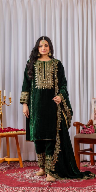 AD 089 Green Viscose Velvet Salwar Suit with Embroidery Work. Affordable Price ₹1999. Delivery 4-6 Working Days. Shop now. | Jump Suits, Salwar suit, Casual Suits, Creative suits, Designer Suits, Palazzo Suits, Party Wear Suits, Patiala Suits, Straight Suits