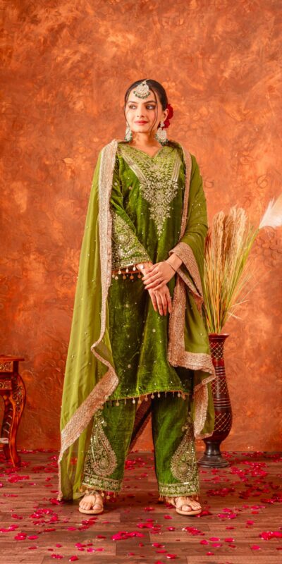AD 134 Green Color Heavy Pure Viscose Velvet Embroidery Sharara Suit Wedding, Party, Festive, Events Etc. Expected Delivery 4-6 Working Days @2099/- | Jump Suits, Salwar suit, Casual Suits, Creative suits, Designer Suits, Palazzo Suits, Party Wear Suits, Patiala Suits, Straight Suits