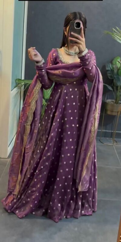 KD 1565 Lavender Fendy Silk Gown. Perfect for Wedding, Party, Reception, Temple Visit, Cultural Events – Festive Deal ₹2099. Delivery 4-6 Working | Gowns, Bollywood Gowns, Creative Gowns, Designer Gowns, Embroidered Gowns, Party Wear Gowns