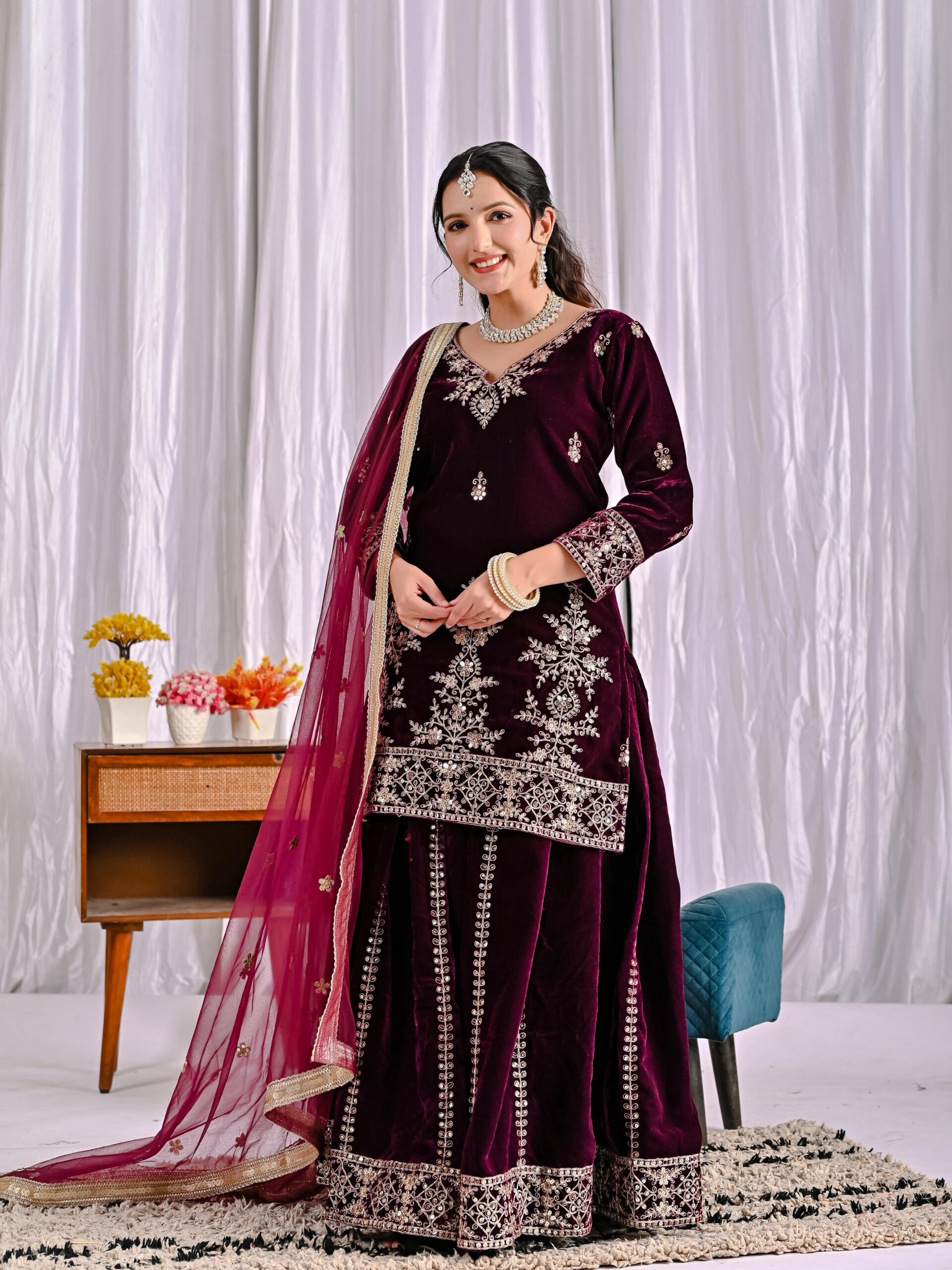 ND 5052 Maroon Viscous Velvet Salwar Suit Perfect for Wedding, Party, Reception, Eid, Temple Visit – . Introductory Price ₹2149. Delivery 4-6 Working | Jump Suits, Salwar suit, Casual Suits, Creative suits, Designer Suits, Palazzo Suits, Party Wear Suits, Patiala Suits, Straight Suits