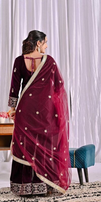 ND 5052 Maroon Viscous Velvet Salwar Suit Perfect for Wedding, Party, Reception, Eid, Temple Visit – . Introductory Price ₹2149. Delivery 4-6 Working | Jump Suits, Salwar suit, Casual Suits, Creative suits, Designer Suits, Palazzo Suits, Party Wear Suits, Patiala Suits, Straight Suits
