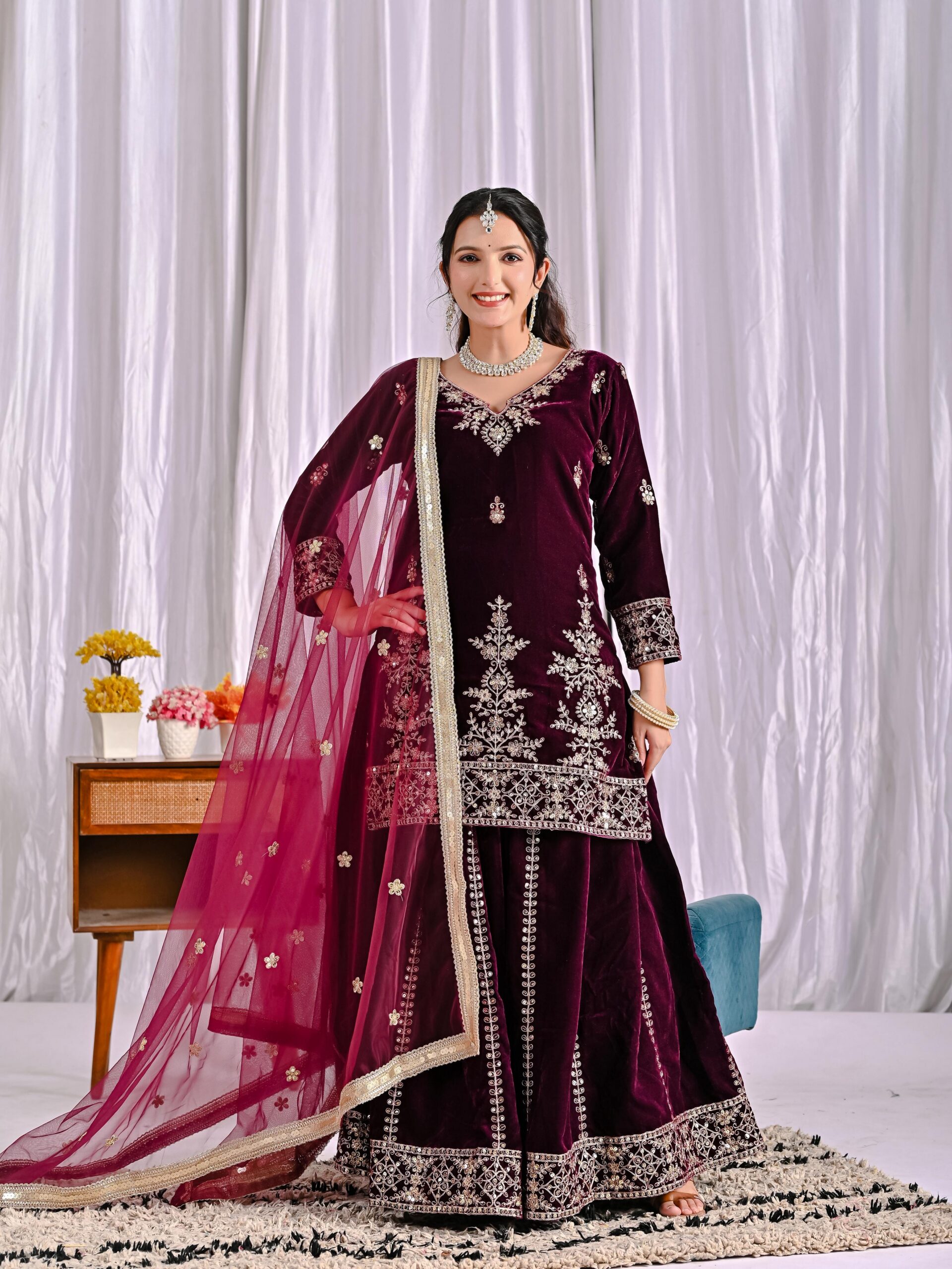 ND 5052 Maroon Viscous Velvet Salwar Suit Perfect for Wedding, Party, Reception, Eid, Temple Visit – . Introductory Price ₹2149. Delivery 4-6 Working | Jump Suits, Salwar suit, Casual Suits, Creative suits, Designer Suits, Palazzo Suits, Party Wear Suits, Patiala Suits, Straight Suits