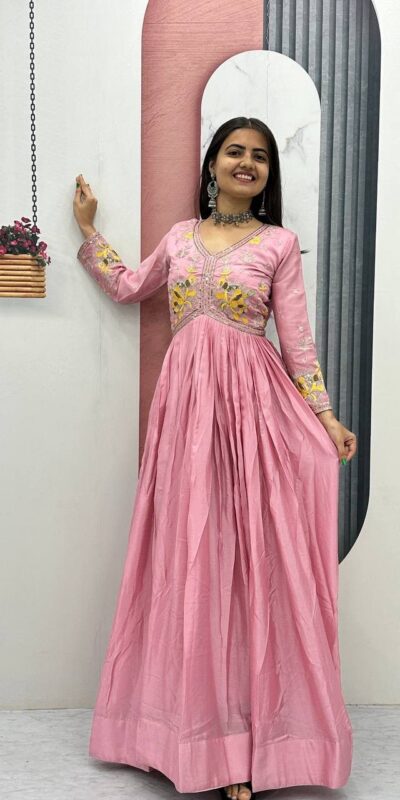 PC 542 Peach Color Chinon Gown with Thread & Embroidery Work. Available at ₹1749 only. Delivery 4-6 Working Days. Shop now. | Gowns, Bollywood Gowns, Creative Gowns, Designer Gowns, Embroidered Gowns, Party Wear Gowns