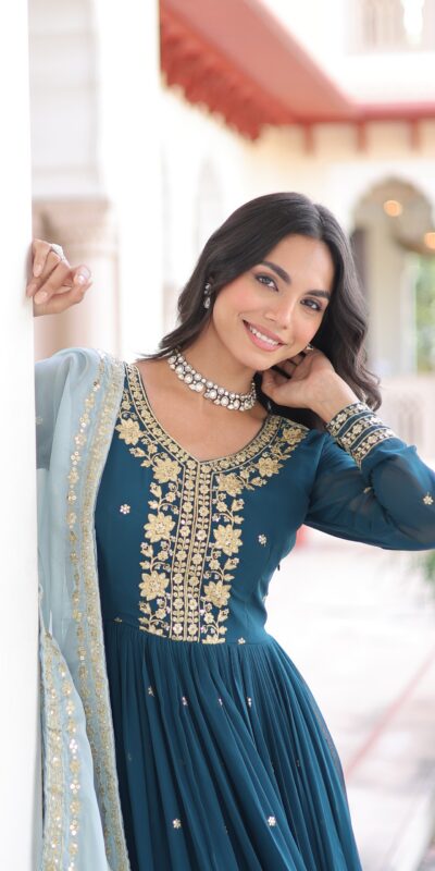 KA 1217 Peacock Blue Faux Georgette Sequence Work Gown Gown. Wedding, Party, Festive, Events Grab it for ₹2149. Delivery 4-6 Working Days. Shop now. | Gowns, Bollywood Gowns, Creative Gowns, Designer Gowns, Embroidered Gowns, Party Wear Gowns