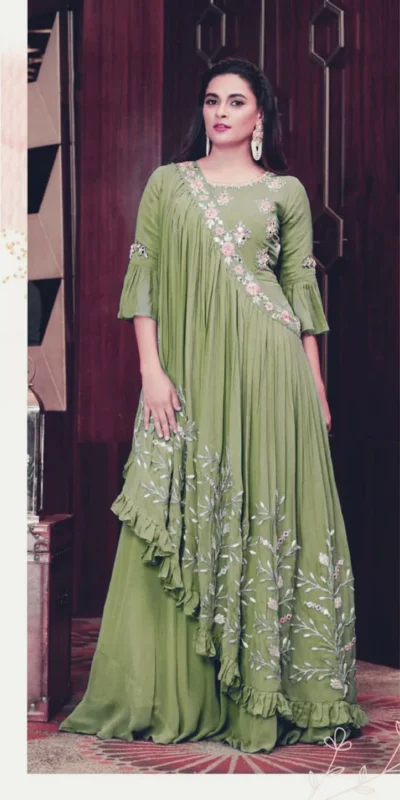 KT 190 Pista in Georgette. Mirror Work & Lace Work Gown Wedding, Party, Festive, Events, Now at just ₹1949. Delivery 4-6 Working Days. Shop now. | Gowns, Bollywood Gowns, Creative Gowns, Designer Gowns, Embroidered Gowns, Party Wear Gowns