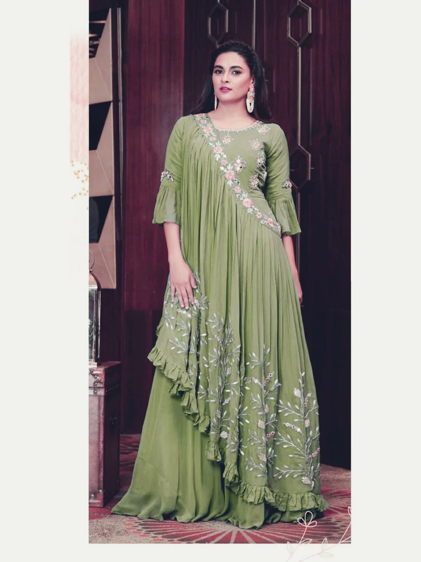 KT 190 Pista in Georgette. Mirror Work & Lace Work Gown Wedding, Party, Festive, Events, Now at just ₹1949. Delivery 4-6 Working Days. Shop now. | Gowns, Bollywood Gowns, Creative Gowns, Designer Gowns, Embroidered Gowns, Party Wear Gowns