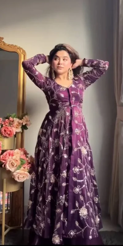 VLM 320 Purple Fendy Silk Gown Perfect for Wedding, Party, Pongal, Sangeet, Diwali – . Get it for ₹2499. Delivery 4-6 Working Days. Shop now. | Gowns, Bollywood Gowns, Creative Gowns, Designer Gowns, Embroidered Gowns, Party Wear Gowns