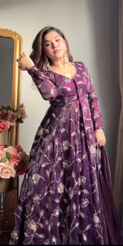 VLM 320 Purple Fendy Silk Gown Perfect for Wedding, Party, Pongal, Sangeet, Diwali – . Get it for ₹2499. Delivery 4-6 Working Days. Shop now. | Gowns, Bollywood Gowns, Creative Gowns, Designer Gowns, Embroidered Gowns, Party Wear Gowns