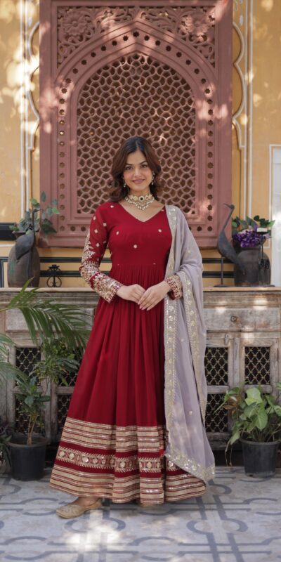 KA 1148 Red Color Faux Blooming Gown with Zari Work & Embroidery Work. Grab it for ₹1899. Delivery 4-6 Working Days. Shop now. | Gowns, Bollywood Gowns, Creative Gowns, Designer Gowns, Embroidered Gowns, Party Wear Gowns