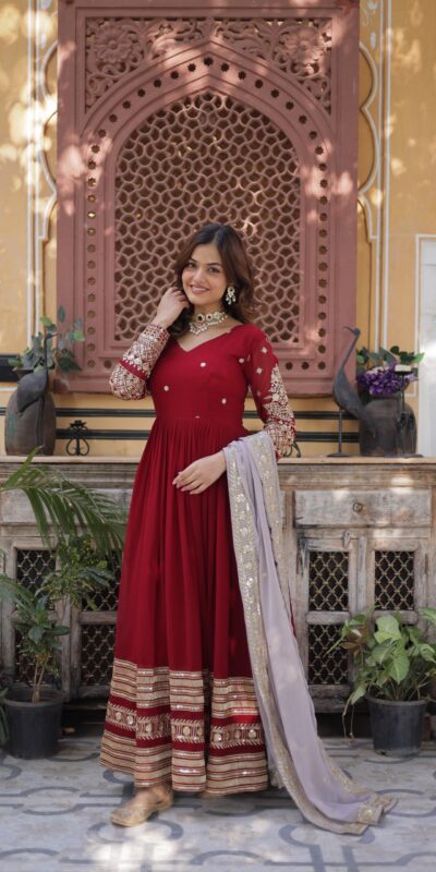 KA 1148 Red Color Faux Blooming Gown with Zari Work & Embroidery Work. Grab it for ₹1899. Delivery 4-6 Working Days. Shop now. | Gowns, Bollywood Gowns, Creative Gowns, Designer Gowns, Embroidered Gowns, Party Wear Gowns