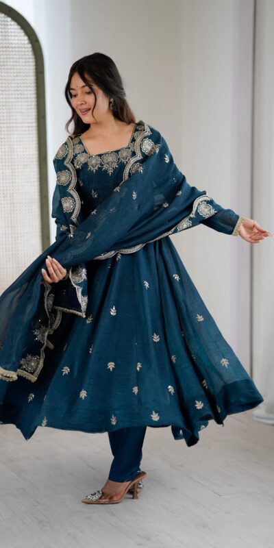 ZF 5011 Teal Crunchy Silk Gown with Embroidery Work. Wedding, Party, Festive, Events Best Price ₹2099. Delivery 4-6 Working Days. Shop now. | Gowns, Bollywood Gowns, Creative Gowns, Designer Gowns, Embroidered Gowns, Party Wear Gowns