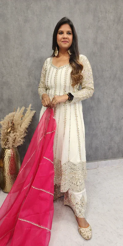 KD 1521 White Faux Georgette Salwar Suit Perfect for Wedding, Party, Pooja, Reception, Engagement – . Introductory Price ₹2099. Delivery 4-6 Working D | Jump Suits, Salwar suit, Casual Suits, Creative suits, Designer Suits, Palazzo Suits, Party Wear Suits, Patiala Suits, Straight Suits