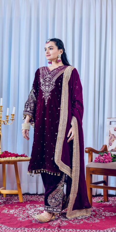 AD 134 Wine Color Heavy Pure Viscose Velvet Embroidery Sharara Suit Wedding, Party, Festive, Events Etc. Expected Delivery 4-6 Working Days @2099/- | Jump Suits, Salwar suit, Casual Suits, Creative suits, Designer Suits, Palazzo Suits, Party Wear Suits, Patiala Suits, Straight Suits