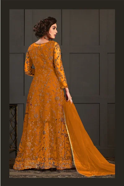 Alternative view of Yellow Net Stone Work Salwar Suit