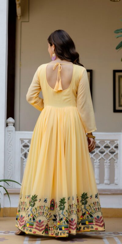 RR 41 Yellow Faux Georgette Gown Perfect for Wedding, Party, Makar Sankranti, Karwa Chauth, Ethnic Day – . Now at just ₹2599. Delivery 4-6 Working D | Gowns, Bollywood Gowns, Creative Gowns, Designer Gowns, Embroidered Gowns, Party Wear Gowns