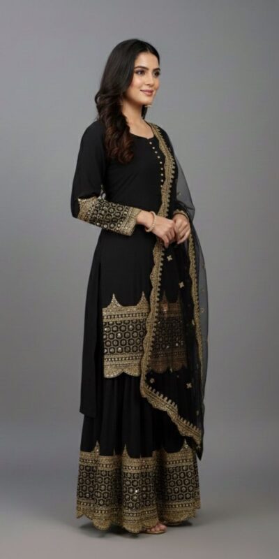 ZF 250 Black Color Faux Georgette Embroidery Sequence Work Sharara Suit Wedding, Party, Festive, Events Etc. Expected Delivery 4-6 Working Days @2099/- | Jump Suits, Salwar suit, Casual Suits, Creative suits, Designer Suits, Palazzo Suits, Party Wear Suits, Patiala Suits, Straight Suits
