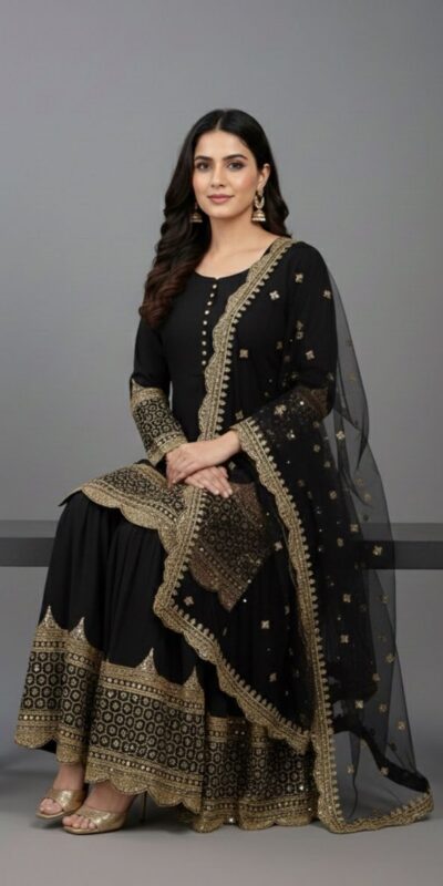 ZF 250 Black Color Faux Georgette Embroidery Sequence Work Sharara Suit Wedding, Party, Festive, Events Etc. Expected Delivery 4-6 Working Days @2099/- | Jump Suits, Salwar suit, Casual Suits, Creative suits, Designer Suits, Palazzo Suits, Party Wear Suits, Patiala Suits, Straight Suits