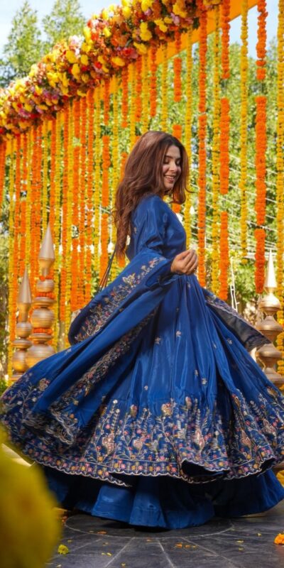 NF 1264 Blue Natural Crap Silk Anarkali Suit with Embroidery Work. Available at ₹3049 only. Delivery 4-6 Working Days. Shop now. | Anarkali Suits, Bollywood Anarkali, Creative-Anarkali, Designer Anarkali, Embroidered Anarkali, Party Wear Anarkali