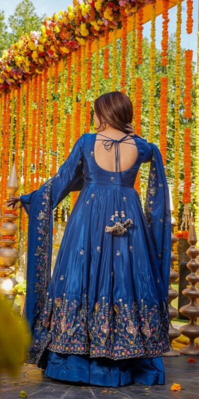 NF 1264 Blue Natural Crap Silk Anarkali Suit with Embroidery Work. Available at ₹3049 only. Delivery 4-6 Working Days. Shop now. | Anarkali Suits, Bollywood Anarkali, Creative-Anarkali, Designer Anarkali, Embroidered Anarkali, Party Wear Anarkali