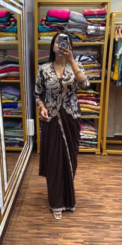 ST 1035 Brown Color Faux Georgette Saree with Embroidery Work. Wedding, Party, Festive, Festive Deal ₹2049. Delivery 4-6 Working Days. Shop now. | Sarees, Bollywood Sarees, Creative Sarees, Designer Sarees, Embroidered Sarees, Ethnic Saree, Modern Digital sarees, Party Wear Sarees