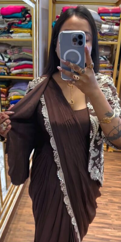 ST 1035 Brown Color Faux Georgette Saree with Embroidery Work. Wedding, Party, Festive, Festive Deal ₹2049. Delivery 4-6 Working Days. Shop now. | Sarees, Bollywood Sarees, Creative Sarees, Designer Sarees, Embroidered Sarees, Ethnic Saree, Modern Digital sarees, Party Wear Sarees