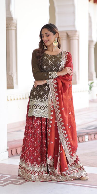 KA 1226 Brown Vichitra Silk Salwar Suit with Zari Work & Embroidery Work. Introductory Price ₹2649. Delivery 4-6 Working Days. Shop now. | Jump Suits, Salwar suit, Casual Suits, Creative suits, Designer Suits, Palazzo Suits, Party Wear Suits, Patiala Suits, Straight Suits