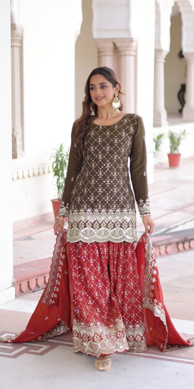 KA 1226 Brown Vichitra Silk Salwar Suit with Zari Work & Embroidery Work. Introductory Price ₹2649. Delivery 4-6 Working Days. Shop now. | Jump Suits, Salwar suit, Casual Suits, Creative suits, Designer Suits, Palazzo Suits, Party Wear Suits, Patiala Suits, Straight Suits