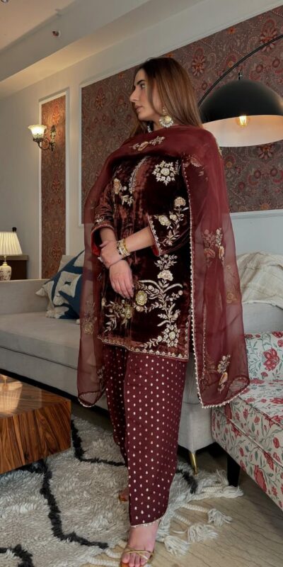 MF 488 Brown Viscose Velvet Salwar Suit. Perfect for Wedding, Party, Lohri, Makar Sankranti, Engagement – Affordable Price ₹2149. Delivery 4-6 Workin | Jump Suits, Salwar suit, Casual Suits, Creative suits, Designer Suits, Palazzo Suits, Party Wear Suits, Patiala Suits, Straight Suits