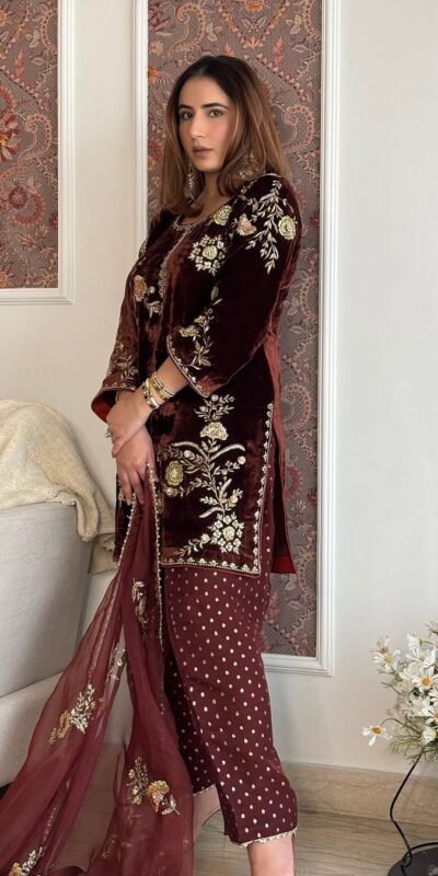 MF 488 Brown Viscose Velvet Salwar Suit. Perfect for Wedding, Party, Lohri, Makar Sankranti, Engagement – Affordable Price ₹2149. Delivery 4-6 Workin | Jump Suits, Salwar suit, Casual Suits, Creative suits, Designer Suits, Palazzo Suits, Party Wear Suits, Patiala Suits, Straight Suits