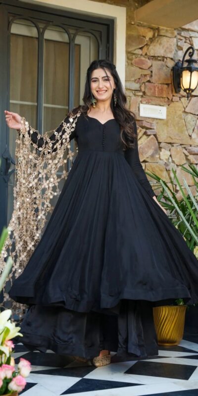 JF 036 Black Color Classic Roman Silk Gown with Embroidery Work. Available at ₹2599 only. Delivery 4-6 Working Days. Shop now. | Gowns, Bollywood Gowns, Creative Gowns, Designer Gowns, Embroidered Gowns, Party Wear Gowns