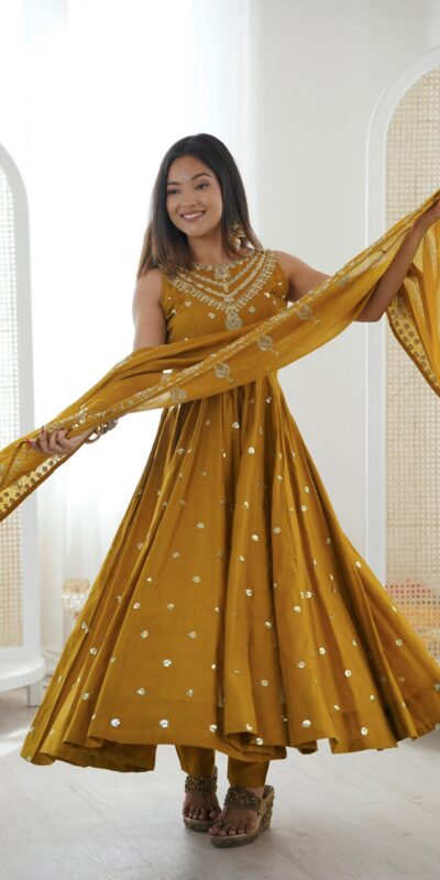 JF 038 Mustered Roman Silk Gown with Embroidery Work. Wedding, Party, Festive, Events, Navratri, Exclusive Offer ₹2149. Delivery 4-6 Working Days. Shop now. | Gowns, Bollywood Gowns, Creative Gowns, Designer Gowns, Embroidered Gowns, Party Wear Gowns