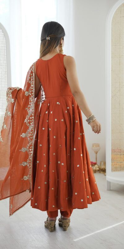 JF 038 Rust Roman Silk Gown with Embroidery Work. Wedding, Party, Festive, Events, Navratri, Exclusive Offer ₹2149. Delivery 4-6 Working Days. Shop now. | Gowns, Bollywood Gowns, Creative Gowns, Designer Gowns, Embroidered Gowns, Party Wear Gowns