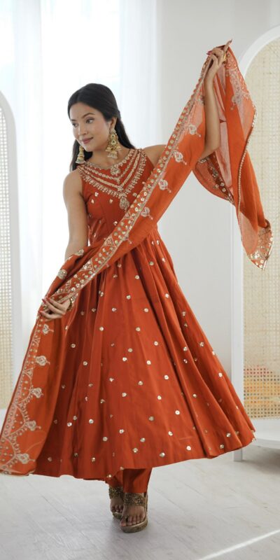 JF 038 Rust Roman Silk Gown with Embroidery Work. Wedding, Party, Festive, Events, Navratri, Exclusive Offer ₹2149. Delivery 4-6 Working Days. Shop now. | Gowns, Bollywood Gowns, Creative Gowns, Designer Gowns, Embroidered Gowns, Party Wear Gowns